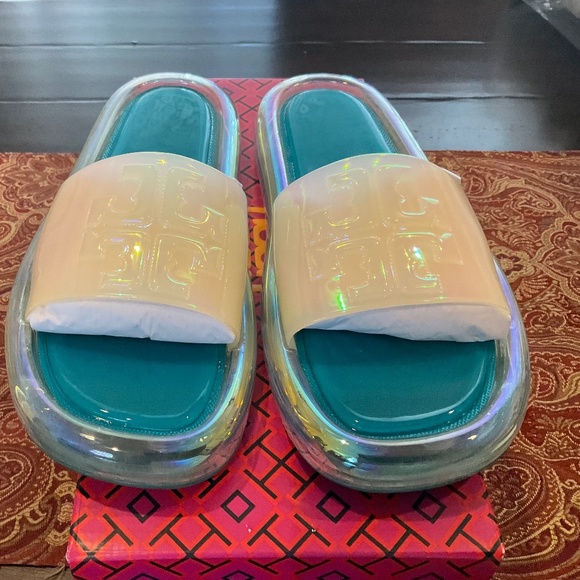 Tory Burch Women's Bubble Jelly iridescent / Tuscan sea slides , size 5, BNIB,